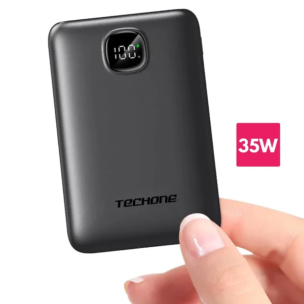 Baterie Externa Portabila, Techone® NanoBoost 10K, Acumulator 10000 mAh, 35W, Iesire USB C si USB, Display, Quick Charge 3.0, Compatibila Universal, Foarte Mica si Slim 10 x 6.5 cm, Negru