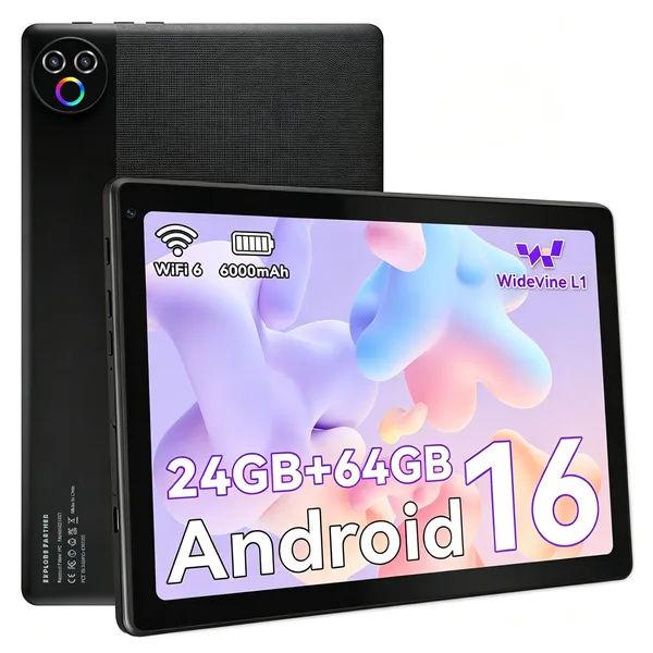 Tableta Android 16 JENBIZZ ecran 10.1" HD, memorie RAM extinsa 24GB, stocare ROM 64GB extensibil pana la 1TB, certificat Widevine L1, WiFi 6 si Bluetooth 5.4,6000mAh, doua difuzoare stereo