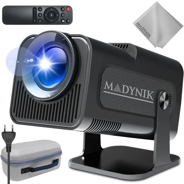 Videoproiector Inteligent Madynik™, Difuzor incorporat, WiFi 6, Bluetooth 5.0, Android 11, LED, Proiectie Ajustabila pana la 130 Inch, Rotatie la 180°, Telecomanda, Laveta Microfibra si Geanta de Transport incluse