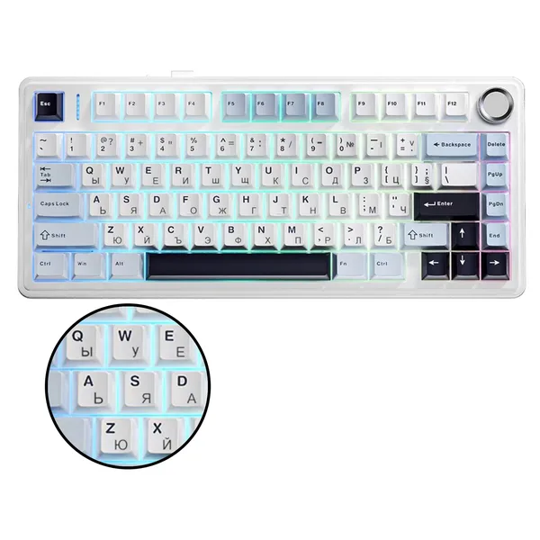 Tastatura mecanica AULA F75, 75%, 3 moduri de conectare (USB-C/2.4G/Bluetooth), RGB 1600 culori, taste PBT, albastru gheata, layout engleza/bulgar, pentru gaming si birou