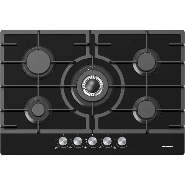Plita incorporabila Heinner HBH-M705IWFGBK, Gaz, 5 arzatoare, Gratar fonta, Wok, Aprindere electrica, Dispozitiv de siguranta, 75 cm, Sticla neagra