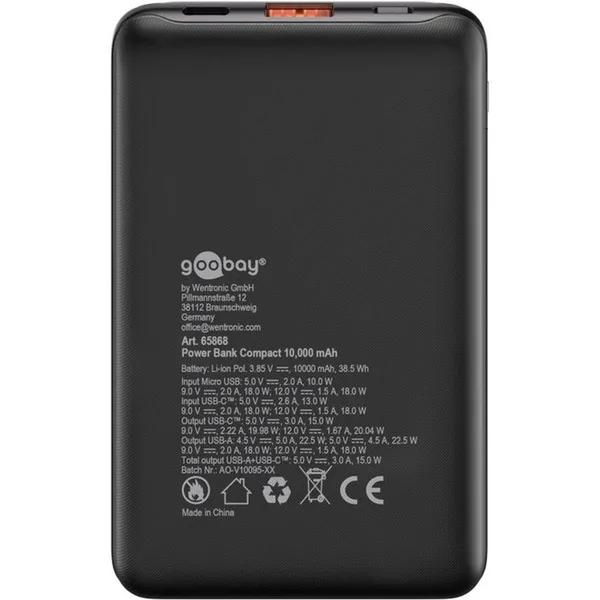 Tableta Power Bank Compact 10,000 mAh (black, 10 Ah, 1x USB-A, 1x USB-C, Power Delivery, Quick Charge)