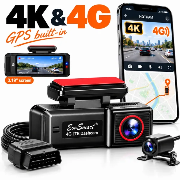 Camera Auto De Bord EvoSmart™ U426 4G LTE, Rezolutie 4K, GPS Integrat, Camera Dubla Fata-Spate, Live Pe Telefon De Oriunde, Smart Night Vision, Display 3.19 inch, Sentinel Mode, G-Sensor, Kit OBD Monitorizare 24h Inclus, Negru