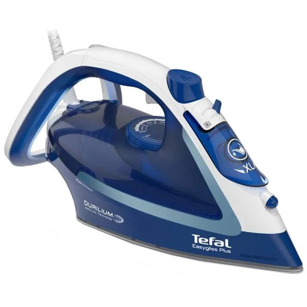 Fier de calcat TEFAL EasyGliss Plus FV5735E0, 2500W, 220g/min, Easygliss Plus , Durilium AirGlide, sistem anticalcar, functie calcare verticala, Auto OFF, Autosteam, alb&albastru