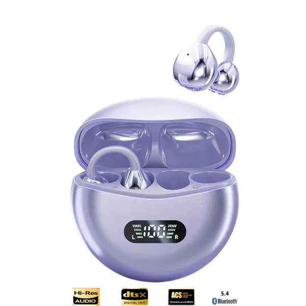 Casti Wireless cu clip, Clip-On, Casti Open-Ear,M79, Bluetooth 5.4, Afisare LED, True Wireless, Control tactil/touch,Rezistente la apa, Sport, Universala,Noise Cancelling, USB-C, Violet