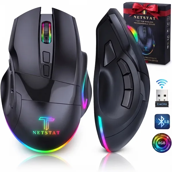 Mouse Wireless NETSTAT, 1000Hz, DPI 12800, 8 Butoane customizabile, Click Silentios, Multi-device, Soft Butoane, Usor 160gr, Wireless, Mouse Fara Fir, Bluetooth, Baterie 500mAh, Mouse lumini RGB, Mouse Ergonomic, Mouse Gaming, Mouse PC, Universal, Negru