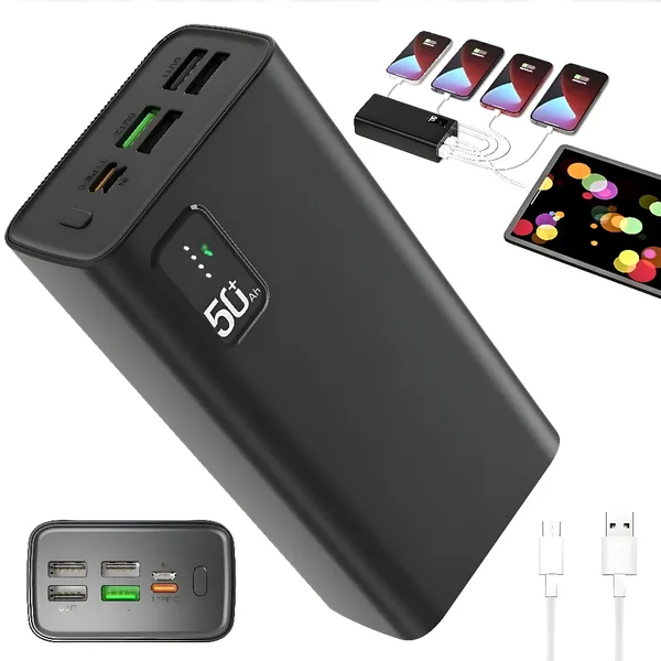 Power Bank 30000mAh, Bedee, Incarcare Rapida QC 22.5W si PD 20W, cu 2 Intrari si 5 Iesiri, negru, 14.3x6.9x4cm
