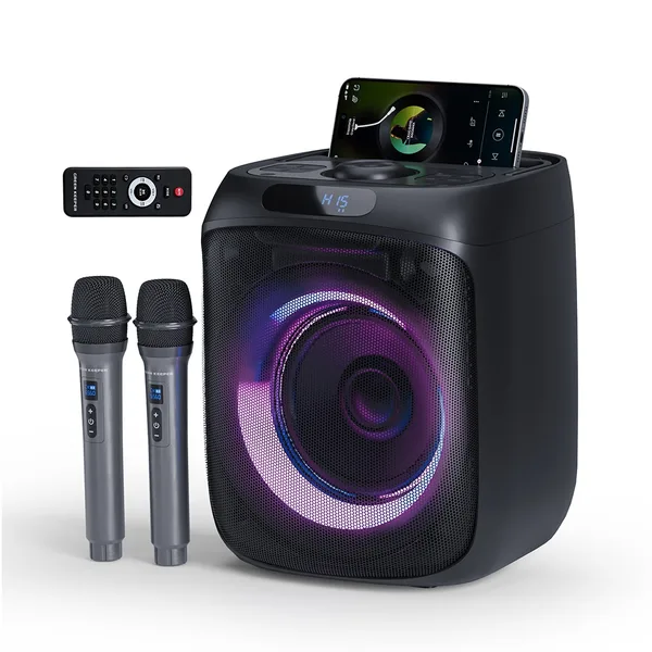 Boxa portabila karaoke 400W Bluetooth cu doua microfoane, radio FM wireless, baterie 5200mAh 6h, TWS, AUX, USB, negru, GREEN KEEPER