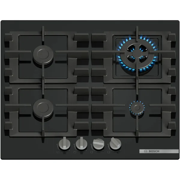 Plita incorporabila Bosch PNH6B6K40, Gaz, 4 arazatoare, Gratar fonta, Arazator Wok, 60 cm, Sticla neagra