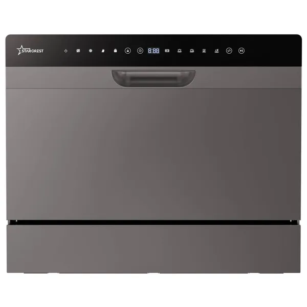 Masina de spalat vase STARCREST SDW-601-SL, 6 seturi, 5 programe, Clasa D, Panou control sticla neagra, Panou comanda digital, Mod Eco, Instalare Flexibila, Gri