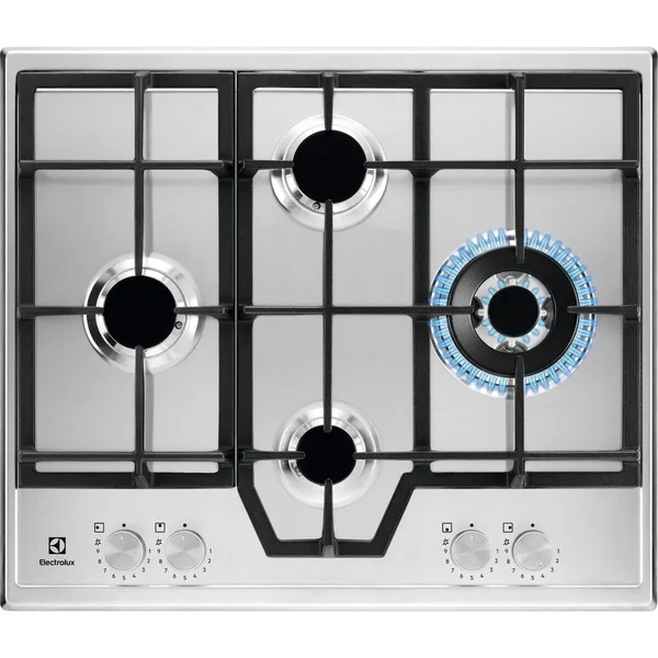 Plita incorporabila Electrolux KGS64562SX, Gaz, 4 arzatoare, Arzator Wok. Aprindere electrica integrata, Dispozitiv siguranta, Gratare fonta, 60 cm, Inox