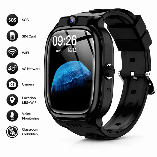 Ceas Smartwatch pentru Copii, Conectivitate 4G, Localizare LBS+WIFI, Cartela SIM, Ceas inteligent Baieti si Fete, Functie SOS, Spion, Camera, Ecran Tactil 1.69", Apel Video, Autonomie 48H, IPX 67, Apelare Rapida, Functii Smart, Jocuri, Negru