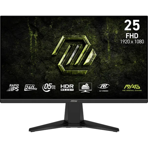 Monitor Gaming MSI MAG 255F X24, 24.5", FHD (1920x1080), Rapid IPS, 240Hz, 0.5ms (GtG, Min.), Adaptive-Sync, HDR Ready, AI Crosshair, AI Vision, Anti-Flicker, DisplayPort 1.2a, HDMI™ 2.0b, Negru