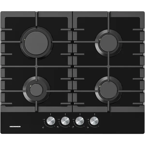Plita incorporabila Heinner HBH-M421IRFGBK, Gaz, 4 arzatoare, Gratar fonta, Aprindere electrica, Dispozitiv de siguranta, 60 cm, Sticla neagra