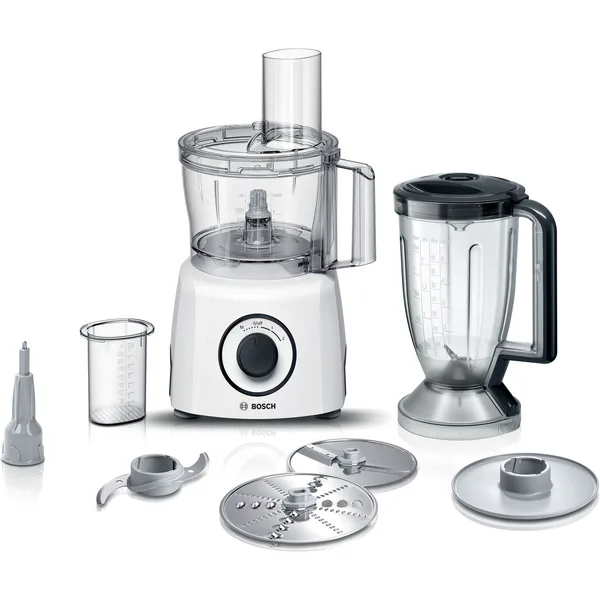 Robot de bucatarie Bosch MultiTalent 3 MCM3230W, 800W, capacitate vas mixare 2.3 l, blender 1 l, 2 trepte + functie pulse, 2 discuri din otel inoxidabil razuire/feliere, Disc batut crema, Alb
