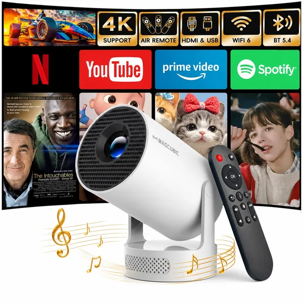 Videoproiector portabil Magcubic HY300 Pro+, 290 ANSI lumeni, Rezolutie 1920x1080p HD, 16:9, Android 14 nativ 720P cu intrare 4K, WIFI 6, BT 5.4, Aplicatii incorporate, Rotatie 180°, Corectia trapezoidala si focalizare manuala