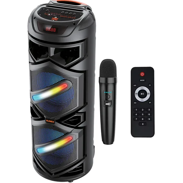 Boxa Portabila Tip Troler Runex®, Microfon Wireless si Telecomanda Fara Fir, Bluetooth 5.0, 40W, 3600mAh, Jocuri Lumini RGB, Conexiune USB, Auxiliar, Card SD, Radio FM, Doua Difuzoare 8 Inch