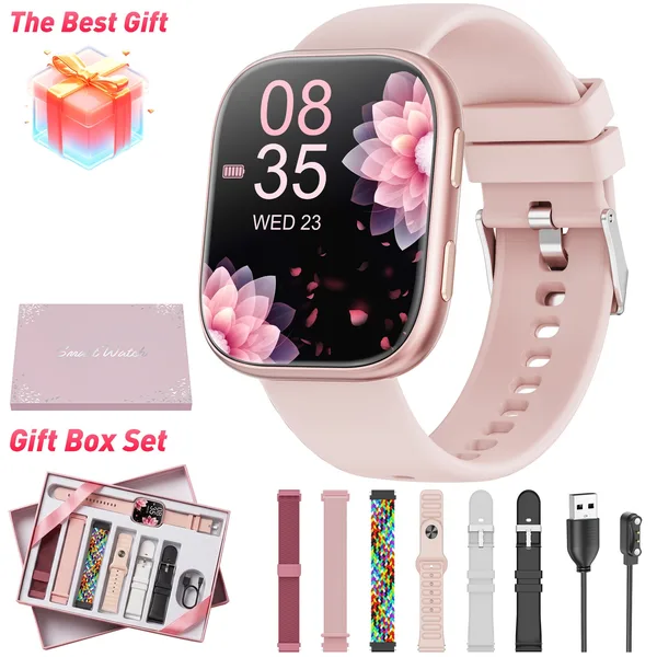 Ceas Smartwatch dama, Hwagol® T8, Ecran 1.85", Rezistent apa IP67, Apel bluetooth, Inteligent, Fitness, Sport, Managementul sanatatii femeilor, Notificari apel/SMS/Social Media, Monitorizarea sanatatii, limba romana, Set Cadou Roz cu 7 Curele