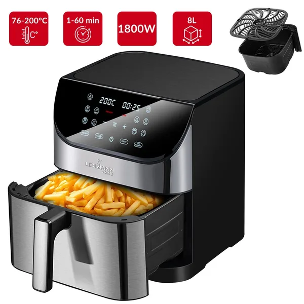 Friteuza cu aer cald, fara ulei, Lehmann Procado, Airfryer 1800W, 8L, Ecran digital, iluminat interior, 10 functii de gatire presetate, 37.6x35.5x40.2 cm, 5.8kg, Negru