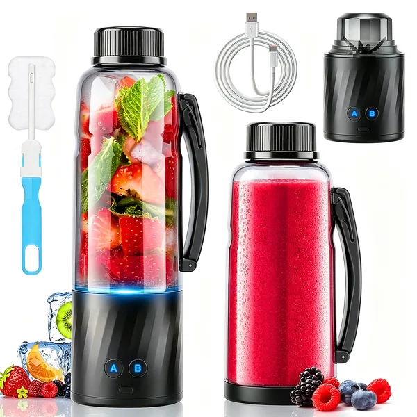 Blender Portabil, 6 Lame 3D Inox, Se Pot Macina Nuci, Mini Blender Electric, 500W, 20.000 RPM, 6000mAh, Capacitate 600ml, Sistem 2 In 1 Mixare Macinare, USB-C, Fara BPA, Auto-curatare, Autonomie Mare, Ideal Smoothie, legume si Fructe, Milk Shake, Fresh