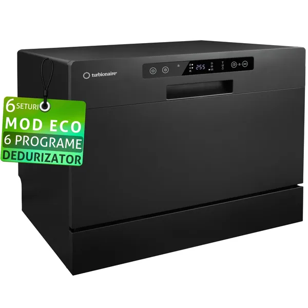 Masina de spalat vase compacta Turbionaire AVA 6 TPDSAVA6CTB, 6 seturi, 6 programe, Clasa D, Mod eco, Dedurizator apa, Spalare eficienta tip 360°, Restart, 55 cm, Negru mat