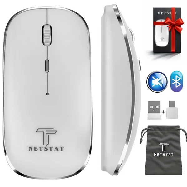 Mouse Wireless NETSTAT®️, Mouse cu Click Silentios, Multi-device 3 Conexiuni, Fara Fir, Mouse Tip C & USB-A, Mouse Bluetooth 5.1, Mouse Slim & Portabil, Baterie 450mAh, Mouse 2.4GHz, Ergonomic, Mouse Gaming, DPI 1600, Mouse Office, Alb