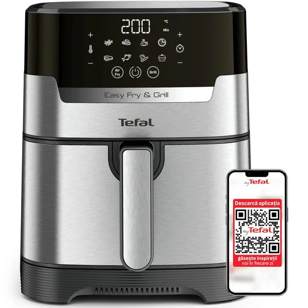 Friteuza cu aer cald Tefal Easy Fry&Grill 2in1 air fryer EY505D15, 1400W, 4.2L, temperatura ajustabila, 8 programe, functie grill cu gratar incorporat, tehnologie Extra Crisp, vas detasabil, argintiu & negru
