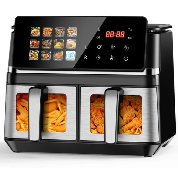 Friteuza dubla cu aer cald, air fryer, capacitate 10 L, 2000W, 12 programe automate, fara ulei, SPRX, vas detasabil antiaderent, fereastra vizuala