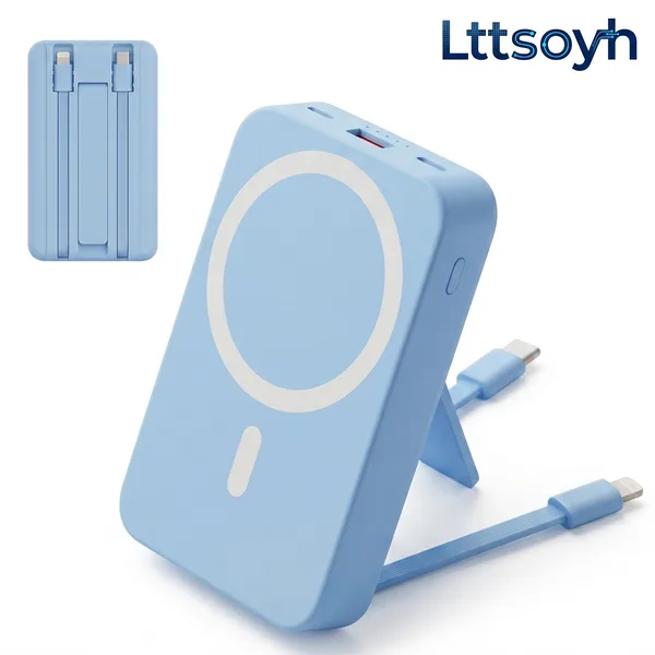 Lttsoyh® Power Bank Magnetic 22.5W Super Fast Charge 10000mAh PD20W Incarcare Rapida Cu Cablu Incorporat Type-C si Lightning Suport Integrat Wireless 15W W01 Albastru