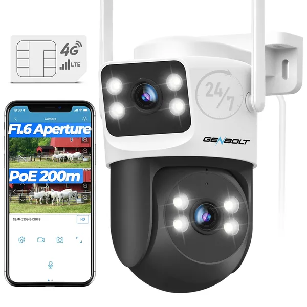 Camera de supraveghere Video Dubla Cu SIM 4G GENBOLT®, 4MP, Exterior/interior, DC12/POE, 4X zoom, Inregistrare continua 24/7, culoarea vederii nocturne, Stocare Card/Cloud, comunicare bidirectionala, Urmarirea oamenilor, PTZ, Alarma sonora si luminoas