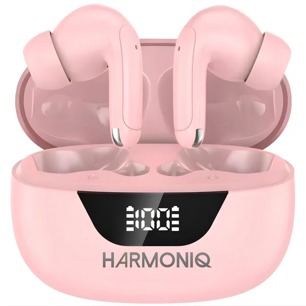 Casti wireless HARMONIQ®️, Casti wireless in ear, Casti Bluetooth (ANC+ENC), Bass Audio, Fara fir, in ear Wireless, Afisaj Digital, Bluetooth 5.4, Autonomie 42 ore, Microfon HD, headphones control touch, Latenta de 40 ms, IPX4, Sport, Universale, Roz