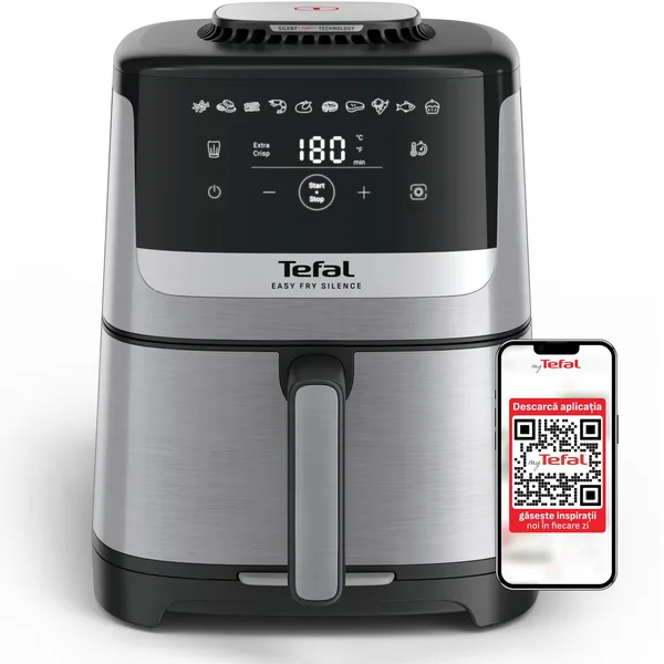 Friteuza cu aer cald Tefal Easy Fry Silence air fryer EY552DE0, 1670W, capacitate 5L, 10 programe automate, ecran LCD, gatire silentioasa, vas detasabil antiaderent, tehnologie Extra-Crisp, cronometru, temperatura ajustabila, argintiu & negru