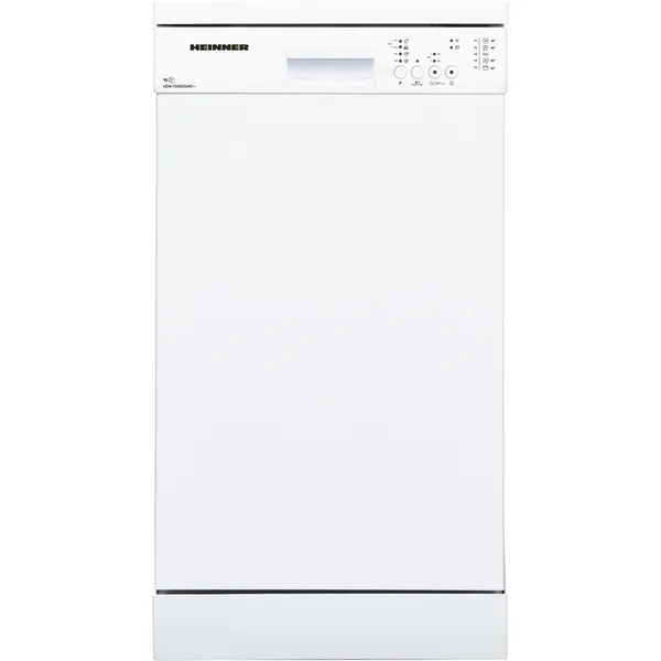 Masina de spalat vase Heinner HDW-FS4505WE++, 10 Seturi, 5 programe, Clasa E, Control electronic, Program rapid 30, Half load, Aquastop, 45 cm, Alb