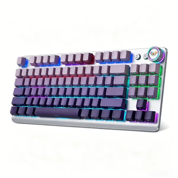 Tastatura mecanica AULA F3001, TKL 87 taste, Iluminare LED, 3 moduri (Bluetooth/2.4G/USB-C), buton rotativ, keycaps mov gradient (Purple Gradient)