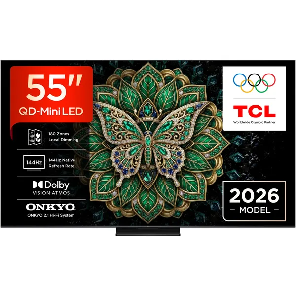 Televizor TCL QD-MiniLed 55C6K Pro, 139 cm, QLED, Smart Google TV, 4K Ultra HD, 144Hz, Clasa E (Model 2026)