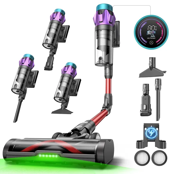 Aspirator vertical fara fir Ultenic U18 PowerPro, 76.000 Pa, autonomie pana la 80 min, articulatie flexibila la 180°, design autoportant, pentru podele si covoare