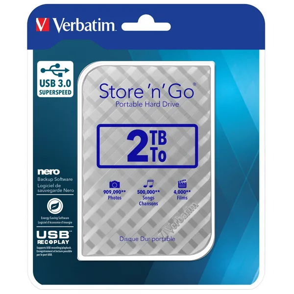 HDD extern Verbatim Store 'n' Go Portable 2TB 2.5" USB 3.0, Argintiu