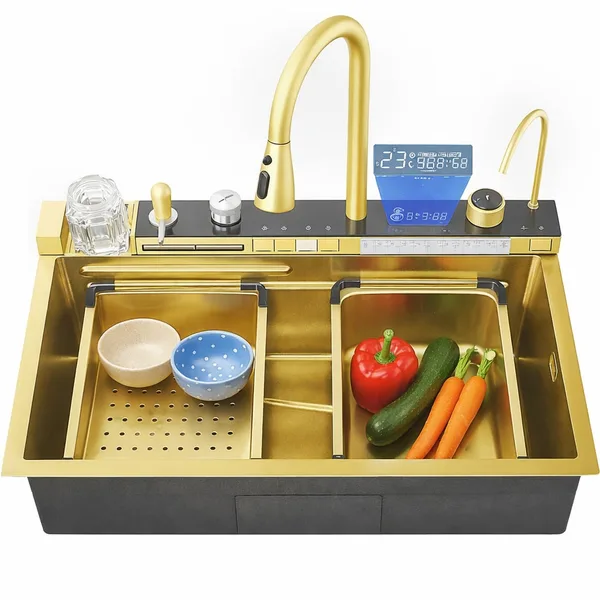 Chiuveta bucatarie multifunctionala smart BadenMob, 1 cuva, inox auriu, afisaj digital, doua cascade, spalator pahare, dozator detergent, baterie extensibila cu 3 functii, tocator, tava si sita inclusa, antizgarieturi, sistem preaplin, 75 x 45 x 22 ...