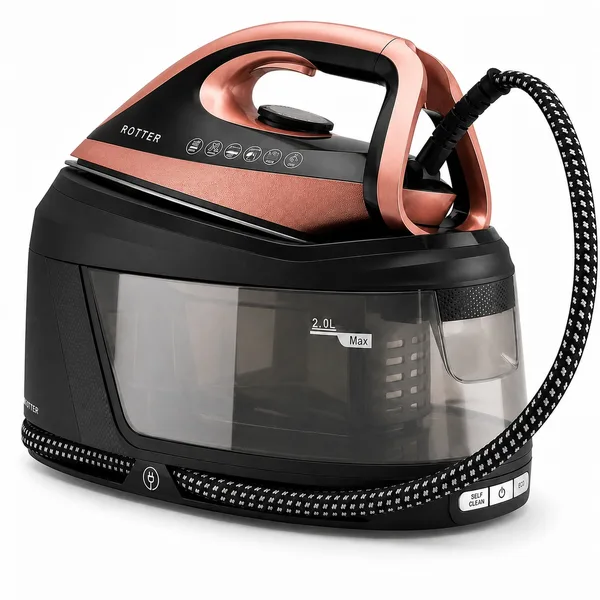 Statie de calcat cu aburi ROTTER® STEAM, Aparat de calcat 3100W, Statie steam 8 bari, Rezervor apa detasabil 2L, Fier cu jet abur 150-200 g/min, Aparat de calcat cu auto-curatare, anti-calcar, Steam calcare verticala, Oprire automata, ECO, Maro/Auriu