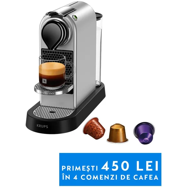 Espressor Nespresso by Krups CitiZ XN741B10, 1260W, 19 Bar, 1 L, Argintiu, set capsule degustare inclus