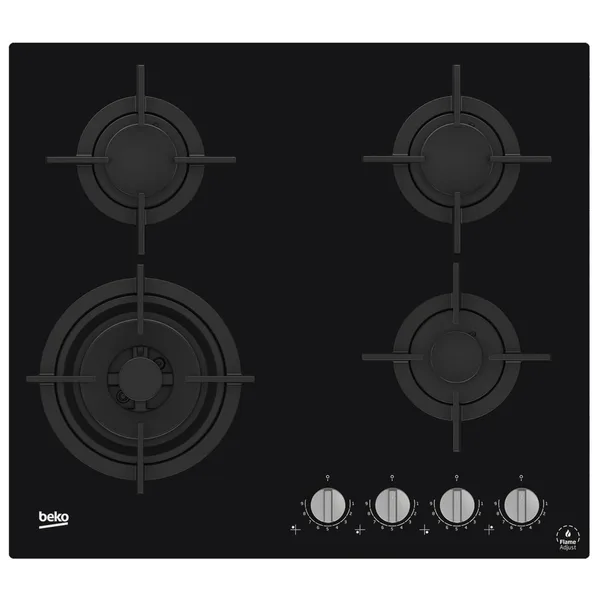 Plita incorporabila Beko HILW64322S, Gaz, 4 arzatoare, FlameAdjust™, Arzator wok, Gratare fonta, 60 cm, Sticla neagra