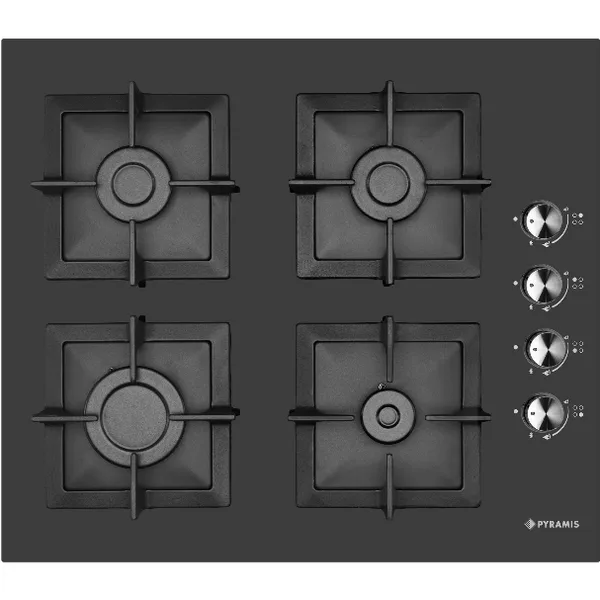 Plita Gaz 2225 Black Glass Cast Iron Protection 4 Arzatoare Gratare Individuale Fonta Butoane Laterale Finisaj Sticla Negru