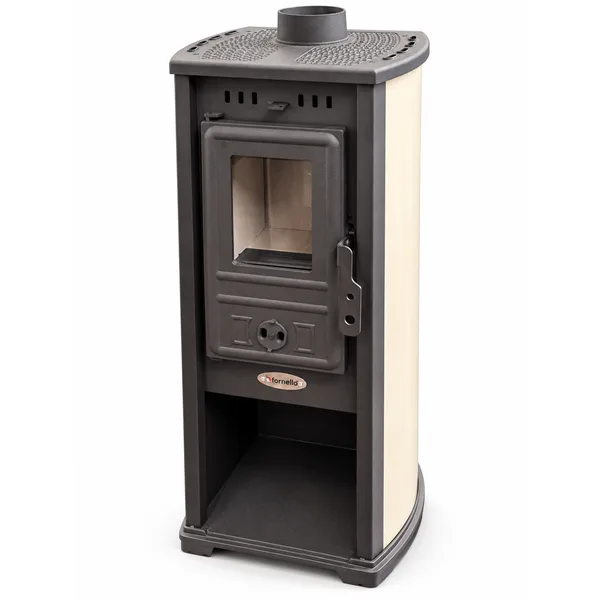 Semineu (Soba) pe lemne Fornello Berna Lux Ivory 5-7 kW 390x450x870 mm gratar ardere din fonta camera de ardere samotata usa fonta cu geam din sticla termorezistenta si plita din fonta