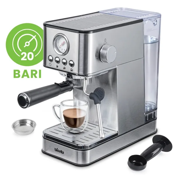 Espressor, Biovita ROYAL, 1200W, 1.7L, 20 Bari, Carcasa Inox, Spumare, Argintiu
