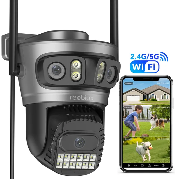 Camera De Supraveghere Reobiux, Exterior/Interior Rotativa, AI Urmarire automata, WiFi 5Ghz 2.4Ghz, Functie Wireless si Bluetooth, Viziune nocturna de culoare 5X zoom, Rotire, Negru Leduri lumina