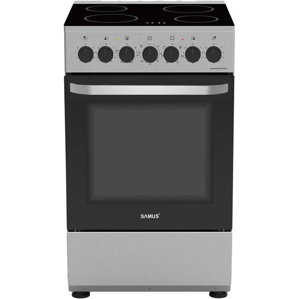 Aragaz Full Electric SM668VME Plita Vitroceramica cu 4 Zone de Gatit Cuptor 59L cu 7 Functii Grill Ventilator Lumina Interioara Clasa A Inox/Argintiu