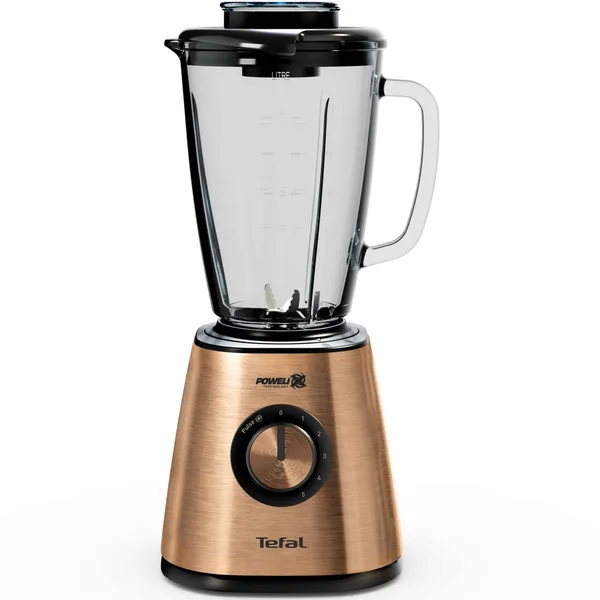 Blender Tefal Blendforce Coppertinto BL439G10, 800W, 1.25L, 6 lame Powelix detasabile, 5 trepte de viteza, functie Pulse, functie zdrobire gheata, recipient din sticla termorezistenta, Tehnologie Powelix, negru & maro