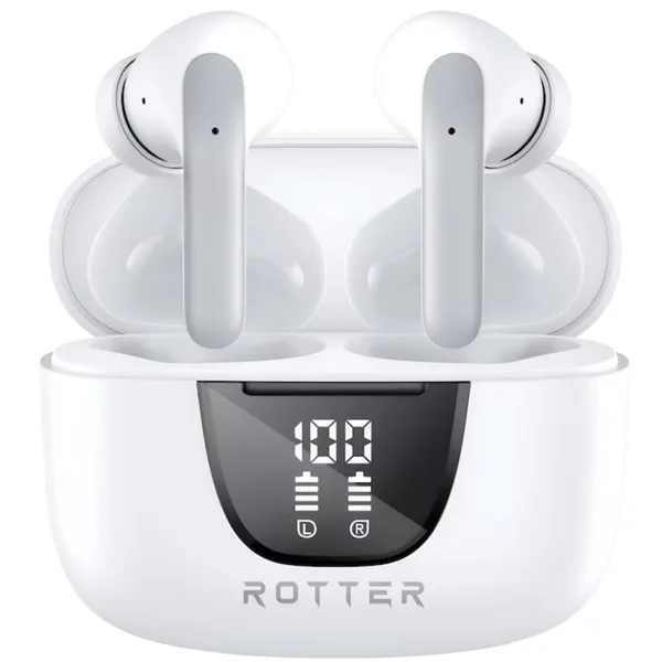 Casti wireless ROTTER®️ cu izolare a zgomotului, In-ear Bluetooth, Casti Wireless Audio, Fara fir, Afisaj Digital, Casti Bluetooth 5.4, Autonomie Bluetooth 42 ore, Microfon Audio HD, Control touch, Latenta Wireless 45 ms, IPX4, Sport, Universale, Alb