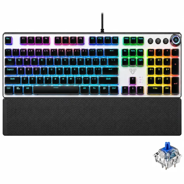 Tastatura mecanica de gaming AULA F2088, 104 taste, cu fir USB, iluminare din spate cu LED-uri curcubeu, buton rotativ volum, cu suport pentru incheieturi, culoare negru (Punk Black)