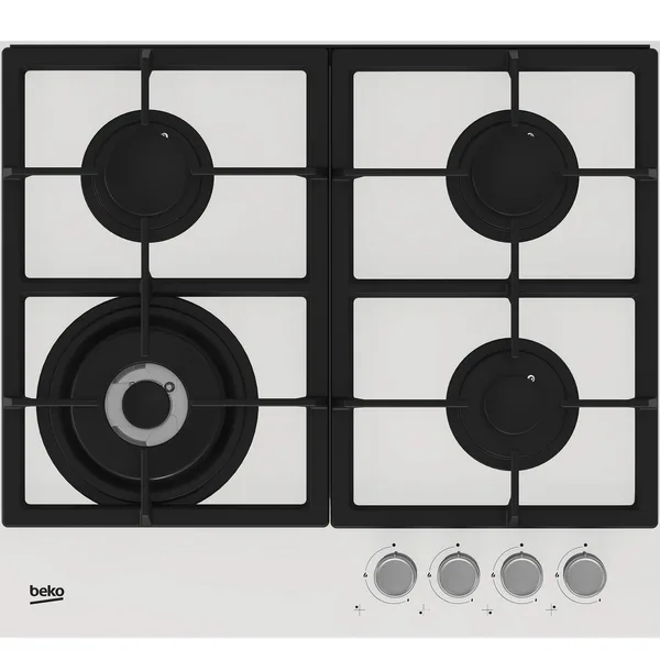 Plita incorporabila Beko HILW64225SW, Gaz, 4 arzatoare, Wok, Gratar de fonta, 58.5 cm, Alb
